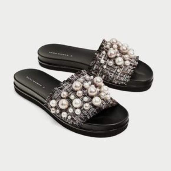 Zara Shoes - Zara Pearl and Tweed Slide Sandals, SZ 38
